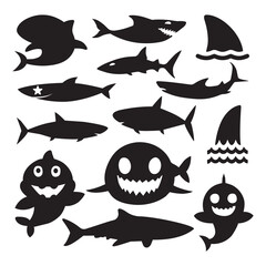 cute shark silhouette,set of cartoon fishes