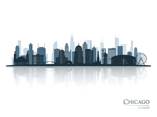 Chicago skyline silhouette with reflection. Landscape Chicago, Illinois. Vector illustration.