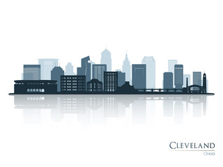Cleveland skyline silhouette with reflection. Landscape Cleveland, Ohio. Vector illustration.