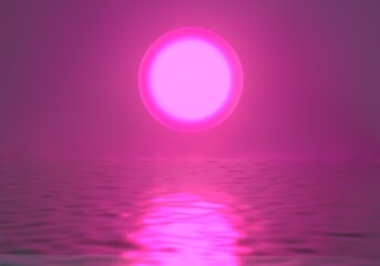 Beautiful surreal landscape with sea and neon sun above it. 3D illustration in synthwave the 80's like style.