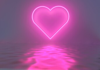 Abstract surreal 3D illustration with neon heart-shaped sign above the sea. Vaporwave and retrowave style.