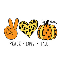 Peace Love Fall. Happy Halloween. Vector illustration. Isolated on white background. Good for posters, t shirts, postcards.