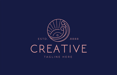 Fototapeta premium Sunset waves Logo Design Template. Sea ocean with summer season Symbol Icon Line Art Vector