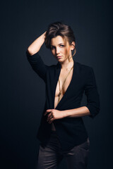 girl brunette beauty model in a black jacket