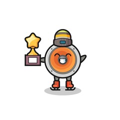 loudspeaker cartoon as an ice skating player hold winner trophy