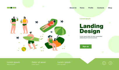 People enjoying various summer activities on beach, swimming, surfing, sitting under umbrella. Tourists relaxing at sea. Vector illustration for vacation, leisure on ocean coast concept