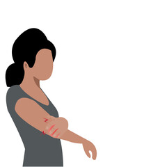 Side view of a young black woman tying her hair,holding her right elbow with her left hand. Refers to pain or pain in the elbow. on white background.Vector flat design concept for healthcare or injury
