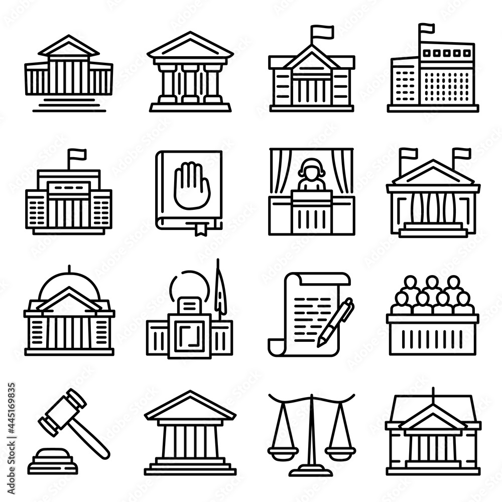 Poster courthouse icons set. outline set of courthouse vector icons for web design isolated on white backgr