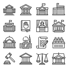 Fototapeta premium Courthouse icons set. Outline set of courthouse vector icons for web design isolated on white background