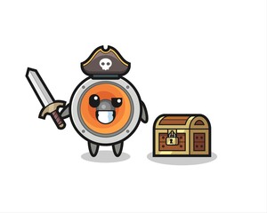 the loudspeaker pirate character holding sword beside a treasure box