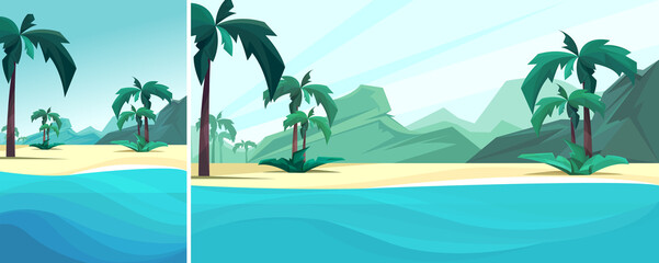 Ocean coast with palms and mountain. Nature landscape in vertical and horizontal orientation.