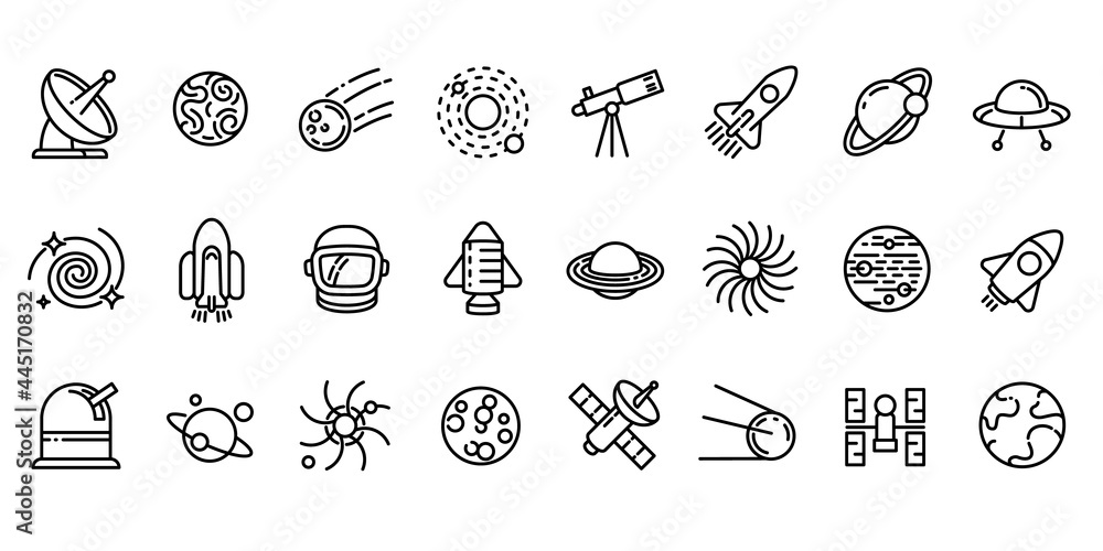Poster space research technology icons set. outline set of space research technology vector icons for web d