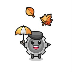 Naklejka premium cartoon of the cute gear holding an umbrella in autumn