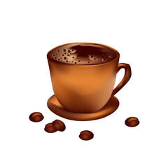 Aromatic coffee in brown chocolate color ceramic cup on small plate and brew bubbles on the top. Caffeine drinking vector illustration with roast beans.
