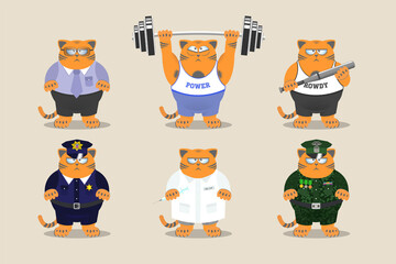 A set of fat red serious disgruntled cats. Puss are an office worker, a weightlifter, a bandit, a policeman, a doctor and a military