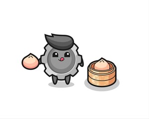 cute gear character eating steamed buns