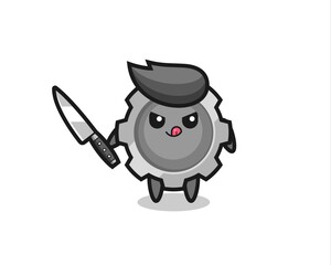 cute gear mascot as a psychopath holding a knife