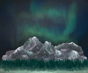 Fotobehang Night Aurora borelias and mountains landscape. Hand drawn watercolor picturesque landscape of Nothern lights, mountains, forest. Camping scenic painting. Wall painting. Mountains illustration. Nature © Chris