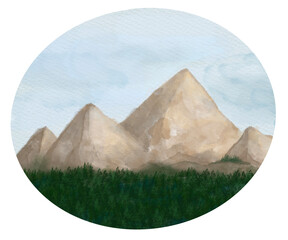 Scenery summer mountains landscape. Hand drawn watercolor picturesque landscape of brown mountains and forest. Camping scenic painting. Wall painting. Mountains illustration. Nature