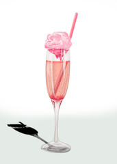 Pink Cocktail. Hand drawn graphic pink alcoholic drink with tube and whipped cream. Champagne, cocktail, pink wine. Alcoholic, non alcoholic. Isolated on white background. Restaurant menu. Drinks menu