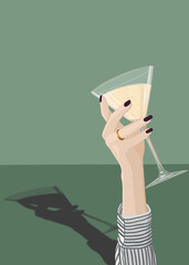 Cocktail in woman hand. Hand drawn graphic poster with woman hand hold a cocktail isolated on  green background. Drinks menu. Alcoholic and non alcoholic cocktails, drinks. Minimalism. Trendy.