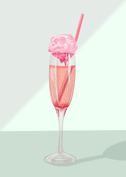 Stylish Poster Of Pink Cocktail. Hand Drawn Graphic Pink Alcoholic Drink With Tube And Whipped Cream. Champagne, Cocktail, Pink Wine. Alcoholic, Non Alcoholic. Isolated On White Background.Drinks Menu