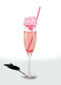 Pink Cocktail. Hand Drawn Graphic Pink Alcoholic Drink With Tube And Whipped Cream. Champagne, Cocktail, Pink Wine. Alcoholic, Non Alcoholic. Isolated On White Background. Restaurant Menu. Drinks Menu