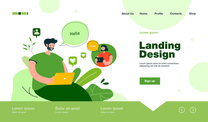 Girl and guy in love chatting online. Couple sending messages on social media. Vector illustration for dating website, finding partner, relationship on internet, romance concept