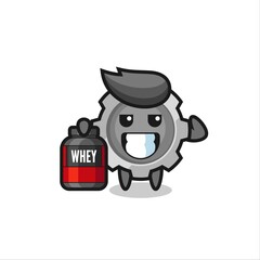 the muscular gear character is holding a protein supplement