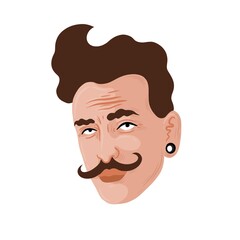 Man with white skin wearing a tunnel and a fancy mustache. He has brown hair. 