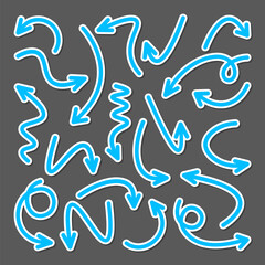 Colorful hand drawn arrow stickers set. Blue pointers collection. Simple arrows in different shapes. Direction signs. Vector illustration.