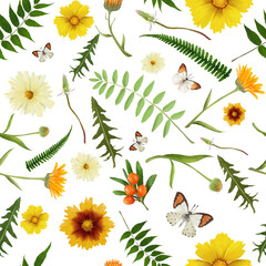 Bright hand painted seamless pattern with wild plants, berries and cute butterflies. Botanical rustic background. Nature illustration for decorations, wrapping paper, textile.
