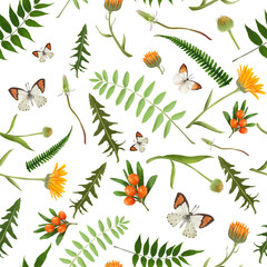 Bright hand painted seamless pattern with wild plants, berries and cute butterflies. Adorable nature background. Floral illustration for decorations, wrapping paper, textile.