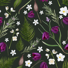 Botanical seamless pattern with dark background. Hand drawn botanic elements: snake's head flowers, rosemary, jasmine and fern leaves. Nature illustration for wrapping paper, textile, decorations.