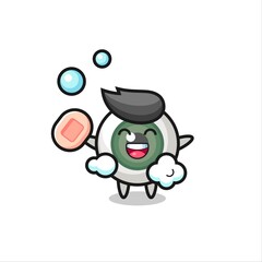 Obraz premium eyeball character is bathing while holding soap