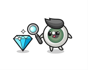 eyeball mascot is checking the authenticity of a diamond