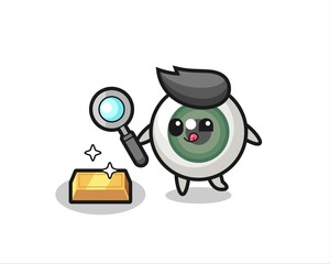 eyeball character is checking the authenticity of the gold bullion