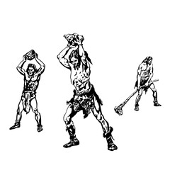 Three savages, Neanderthal men with stone. Graphic hand sketch. Vector