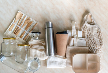 Eco-friendly shopping bag and glass jars for cereals. Zero waste concept.