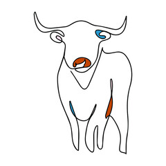 Continuous line drawing of a bull. Vector silhouette of cattle. Livestock. Bull print ready. Vector coloring of a horned animal.