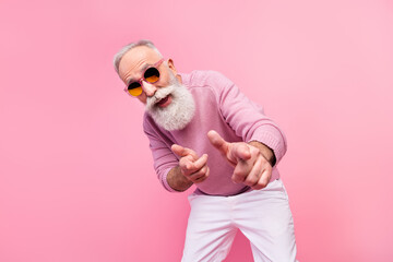 Photo of cool grey beard hair old man point you wear eyewear sweater isolated on pink background - obrazy, fototapety, plakaty