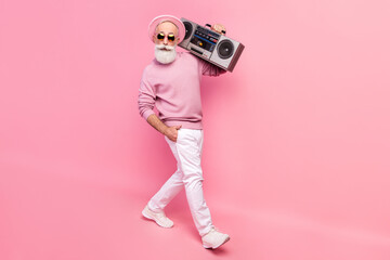 Full size profile photo of optimistic grey hair old man go with boom box wear eyewear sweater...