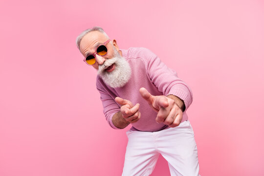 Photo of cool grey beard hair old man point you wear eyewear sweater isolated on pink background