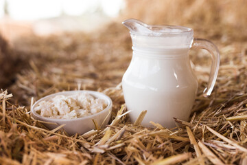dairy products against the background of hay
