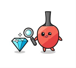 table tennis racket mascot is checking the authenticity of a diamond