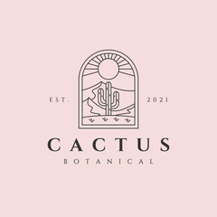 cactus plant on desert logo vector line art minimalist symbol illustration design, vintage cactus logo design © garisium