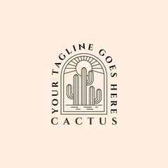 Foto op Canvas cactus on desert summer logo emblem vector vintage line art illustration design © garisium