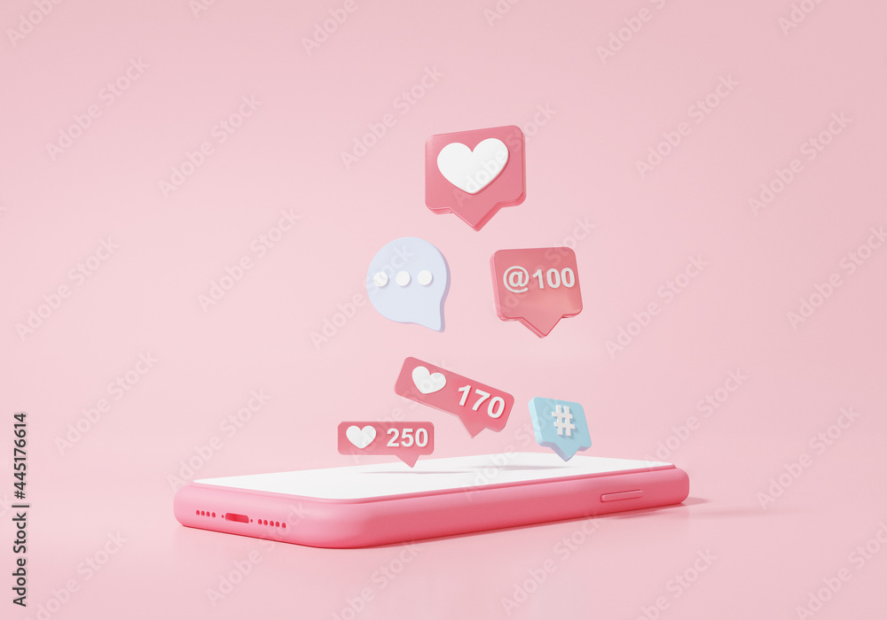 Poster 3d render bubble chat icon notification floating on mobile or comment social media concept, with sho