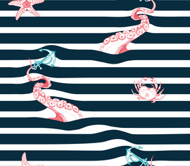 Seamless marine print with octopus tentacles. Stripe sea pattern with crabs and starfish © Lena