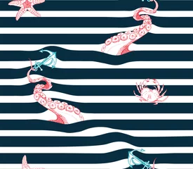 Seamless marine print with octopus tentacles. Stripe sea pattern with crabs and starfish